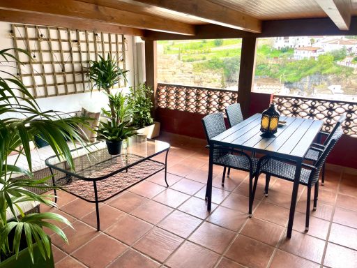 Terraza con mesa y sillas, plantas decorativas y vistas al exterior.